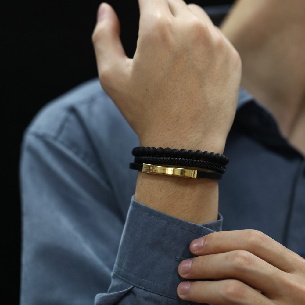 304 Stainless Steel Pendant Material Simple Style Geometric 304 Stainless Steel Pu Leather Irregular Plating Men's Bracelets Men Cord & Leather Bracelets