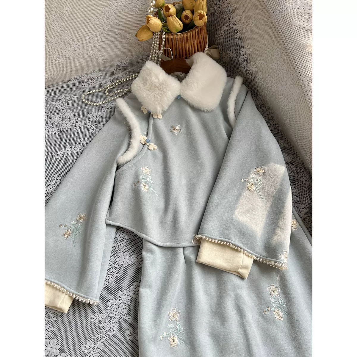 Новый китайский стиль национальный стиль набор осень и зима новый сладкий супер фея платье в жилете из двух частей