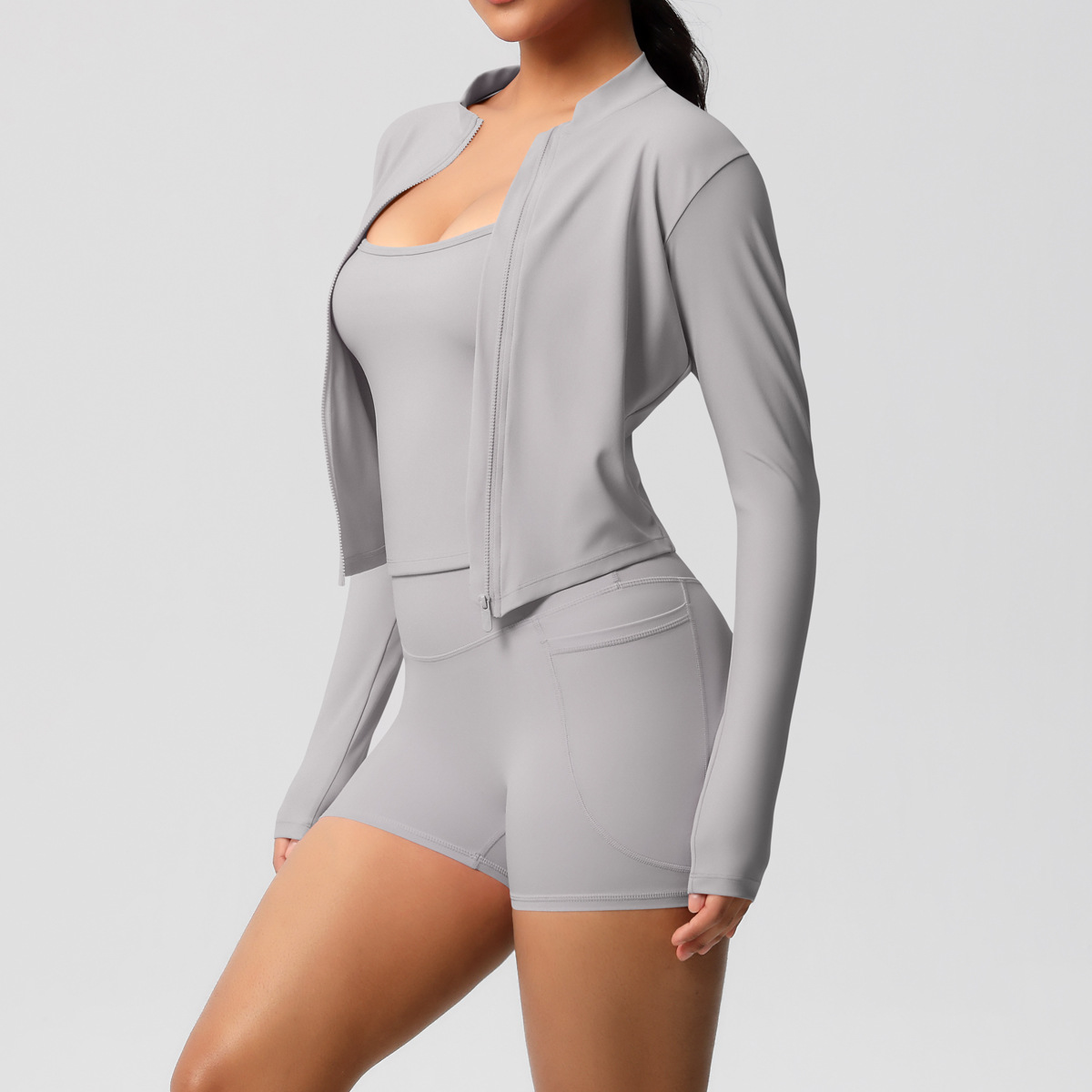 Nuevo chaleco desnudo transfronterizo, ocio al aire libre, ropa de fitness ajustada, pantalones cortos de bolsillo, ropa de yoga, traje deportivo de tres piezas