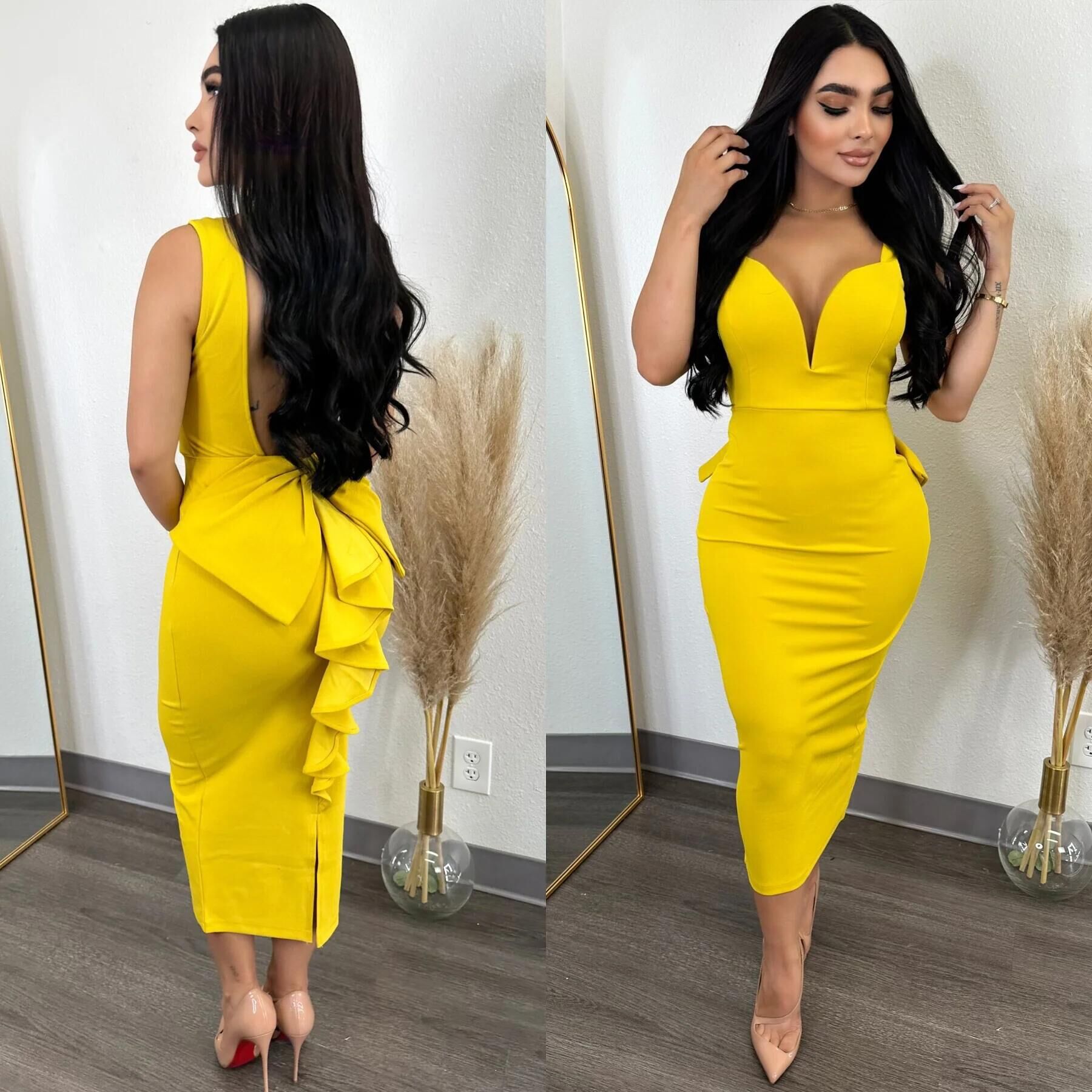 Women's Clothing K2868 solid color hip covering, backless, deep V bow elastic slit dress_voghion.com