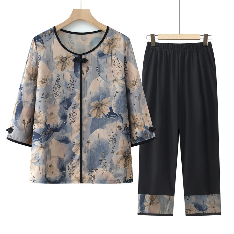 Middle-aged and Elderly Women's Granny Summer T-shirt Two-piece Set Mother's Thin Summer Dress Seven-sleeve suit Clothes for the Elderly