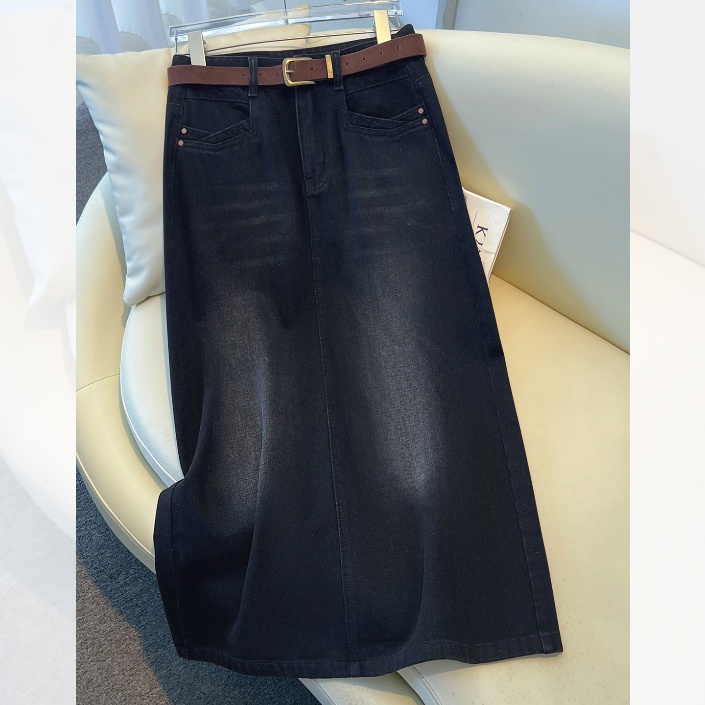 Retro black autumn demi-season denim skirt