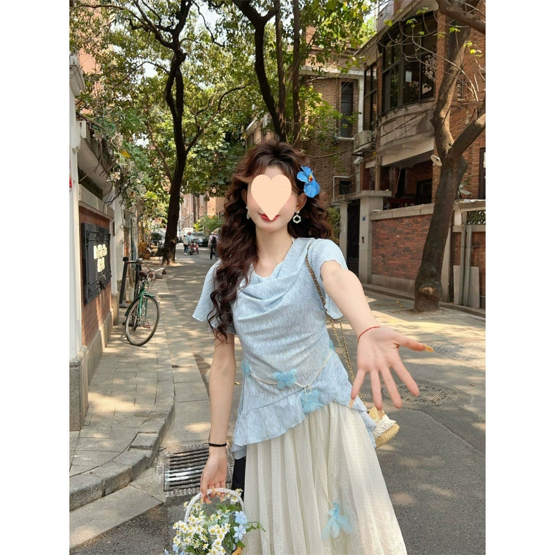 Нишевый дизайн, синий женский воротник-стойка с короткими рукавами + элегантная кружевная юбка, летний красивый комплект из двух предметов в тон