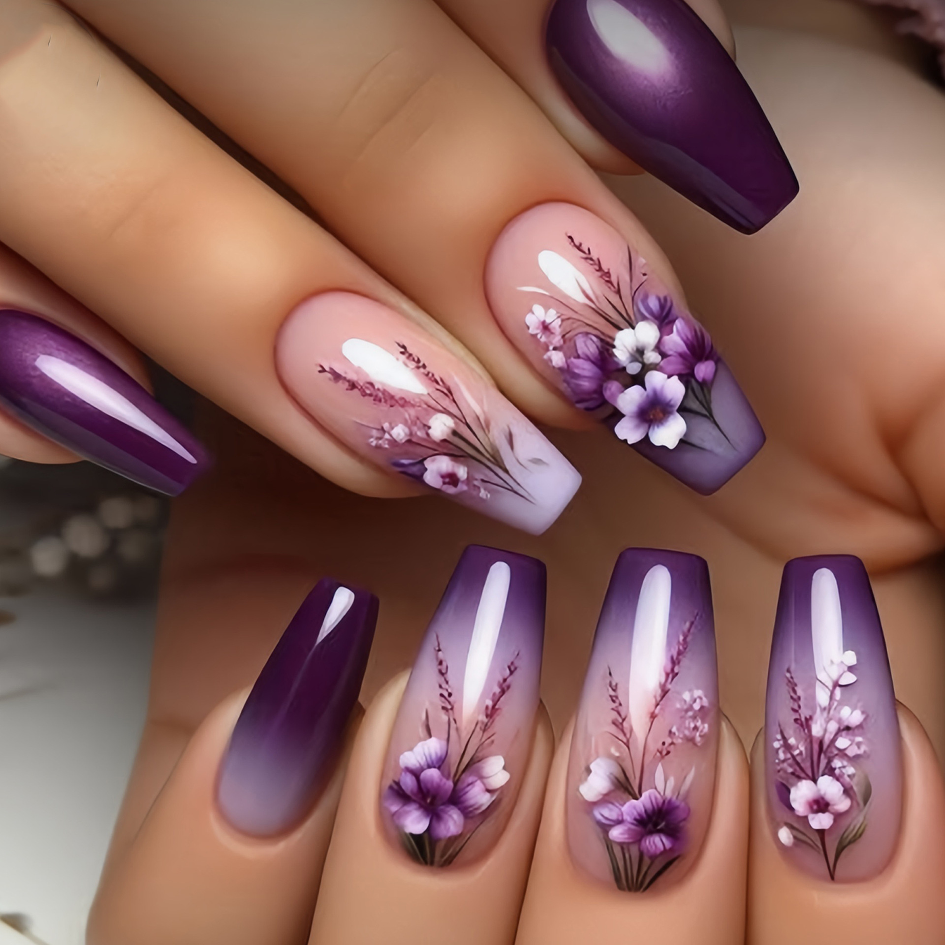 Mid-Length Ballet Nails, Purple Gradient Manicure, Plant Flower Pattern Manicure, New Year's Autumn and Winter Manicure