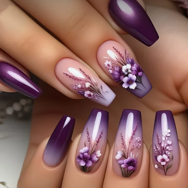 Mid-Length Ballet Nails, Purple Gradient Manicure, Plant Flower Pattern Manicure, New Year's Autumn and Winter Manicure