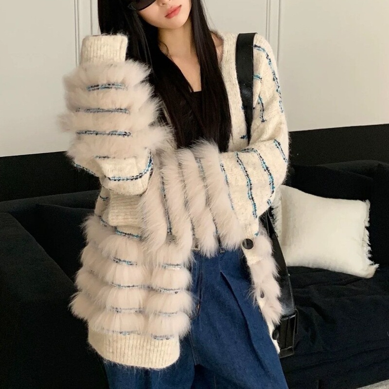 秋冬高级感仿狐狸毛亮丝条纹韩系中长宽松显瘦毛衣慵懒风外套女|undefined