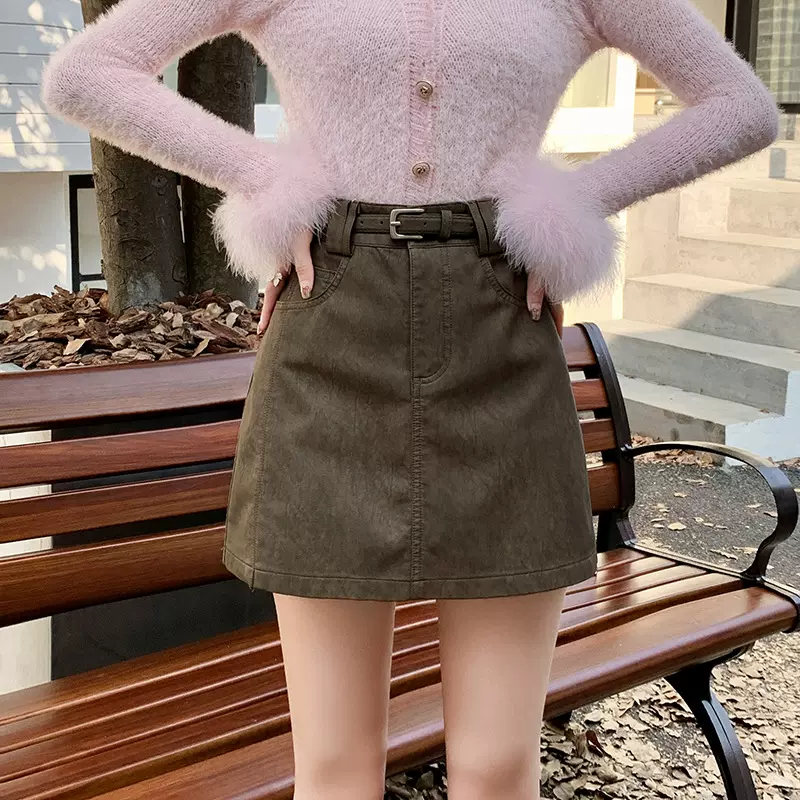 现货皮裙女2025秋冬防走光裤裙百搭半身裙pu皮短裙高腰a字裙腰带