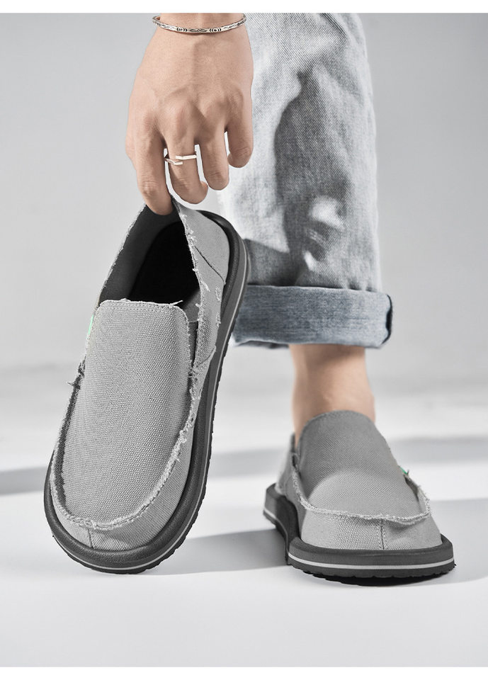 Giày vải nam lười xỏ chân thoáng khí kiểu mới, đế bằng, form tròn — Kaki, màu xám, đen chi tiết 5