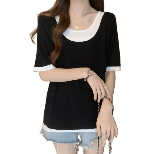 Plus-size ribbed mid-length short-sleeve T-shirt for women: Loose, figure-flattering design with fabric-matching color-blocking and a mock-two-piece effect—perfect for summer.