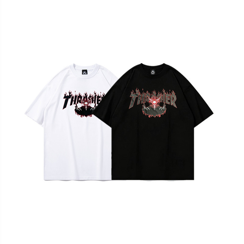 Thrasher Short-Sleeved T-Shirt with Horns, Devil, and Flame Design, New Style for Men and Women, Printed Round Neck, Pure Cotton, Factory Direct Sales and Dropshipping Thrasher Short-Sleeved T-Shirt with Horns, Devil, and Flame Design, New Style for Men and Women, Printed Round Neck, Pure Cotton, Factory Direct Sales and Dropshipping