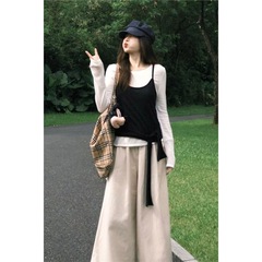 韩系慵懒气质长袖t恤女早秋氛围感设计复古显瘦休闲叠穿两件套潮