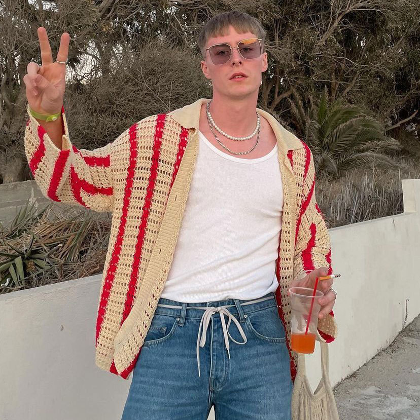 SweaterCrochet StripedThread Lapel Knit Cardigan