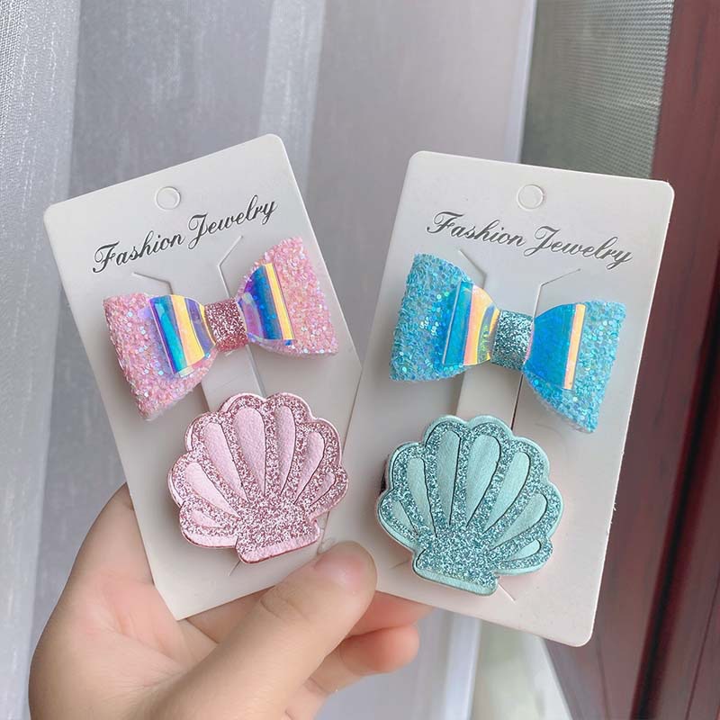 50g Weight Hair Clip Hair Accessories Type 2 Pieces Set Quantity Holiday Occasion Bow Knot, Shell Pattern Kid'S Gender Vacation Style Kid's Vacation Bow Knot Shell Cloth Hair Clip 11