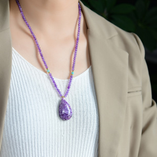 Natural Pink Dragon Crystal Water Drop Pendant, with Amethyst Bead Chain, Available for Wholesale.
