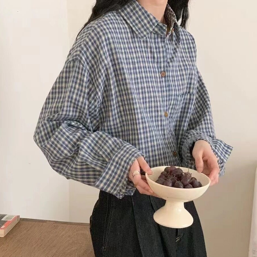 (2개) 느슨한 격자 무늬 긴팔 셔츠 가을 유행 우아한 옷깃 여성을위한 싱글 브레스트 캐주얼 탑