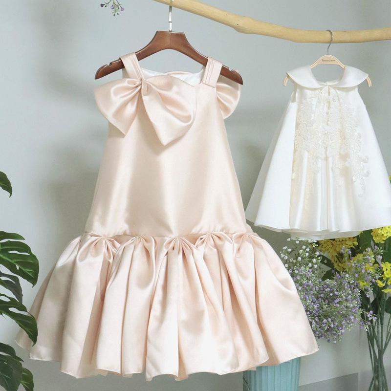 2024款跨境女童公主裙小花童緞面連衣裙一周歲生日宴會Girl dress