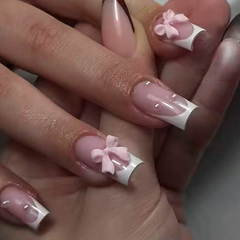 Cross-Border Tk European and American Hot-Selling French-Style Wearable Nails, Simple Bowknot Ins-Style Nail Art, Fake Nail Tips, Wholesale in Stock Cross-Border Tk European and American Hot-Selling French-Style Wearable Nails, Simple Bowknot Ins-Style Nail Art, Fake Nail Tips, Wholesale in Stock