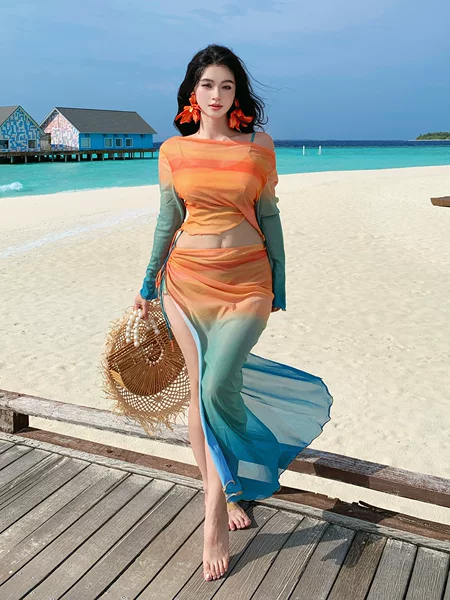 New Cross-Border Tie-Dye Gradient One-Shoulder Swimsuit, Plus-Size Two-Piece Bikini with Drawstring Mesh Skirt, Three-Piece Swimsuit Set