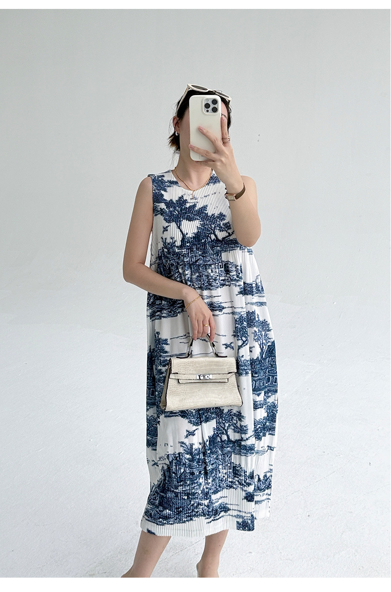 Váy maxi nữ in hoa sứ trắng xanh thắt eo phong cách Trung Quốc — Màu sâm panh chi tiết 14