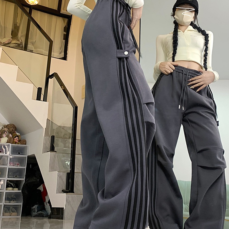 美式阔腿工装卫裤女垂感2024秋冬新款直筒宽松显瘦休闲束脚运动裤