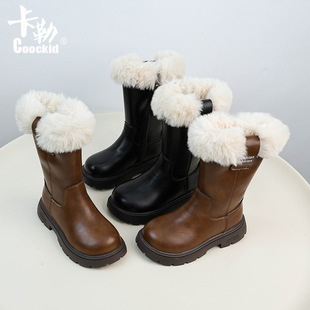 Girls' leather boots 2024 autumn and winter new fashion fleece-lined warm boots little girl foreign style Mao Mao mouth fashion boots
