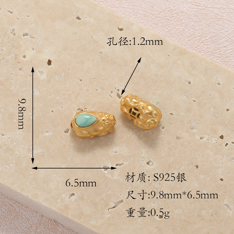 Raw Turquoise S925 Silver Gold-Plated Heart-Shaped Four-Leaf Clover Round Butterfly Pendant Spacer Bead DIY T6