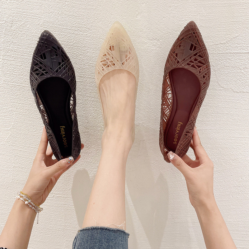 Jelly shoes female 2023 new fashion summer plastic hollow pointed shoes anti-skid soft bottom shallow increase sandals