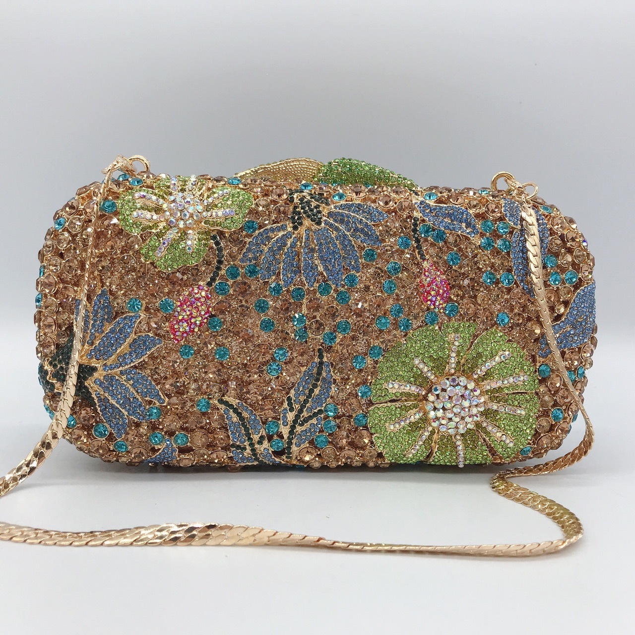 Bolsa de cena de diamantes de flores, caja metálica dura, bolsa de vestir de diamantes, bolsa de mano de banquete europea y americana, bolsa de mujer, embrague de bolsa