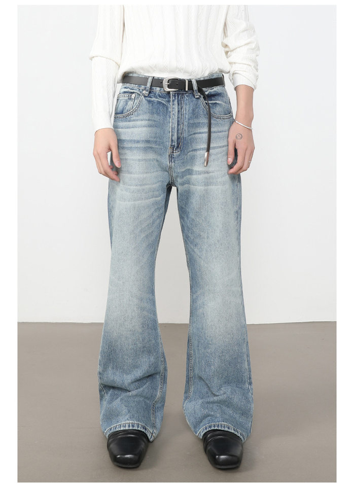 Quần jean nam ống loe nhẹ dáng rộng thoải mái, vải denim xử lý bạc màu — màu xanh, màu xanh nhạt, màu xám đen chi tiết 11