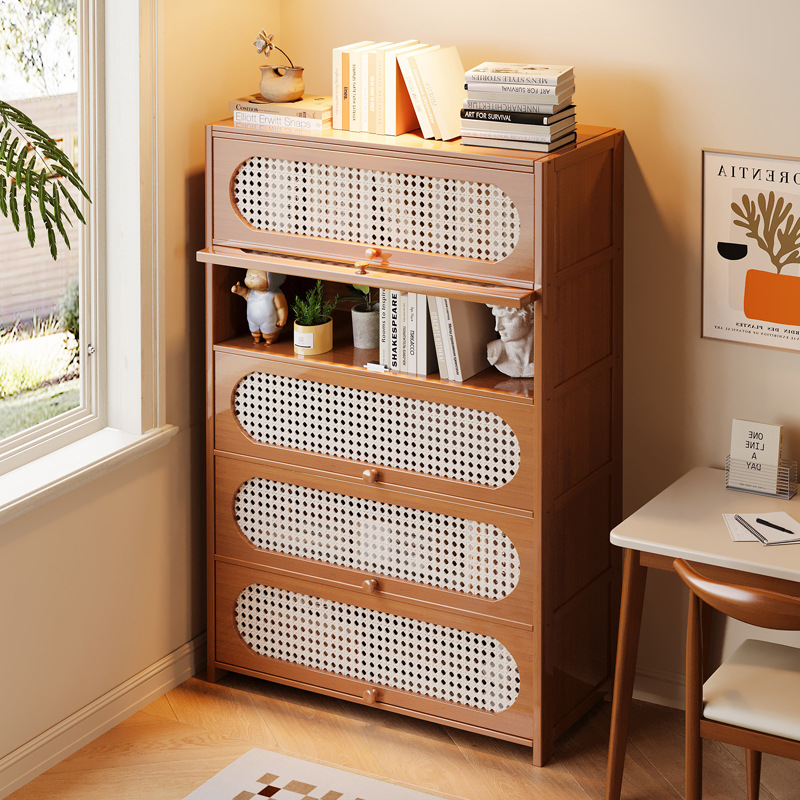 American Style Flip Bucket Bookcase Retro Rattan Entrance Cabinet Home Corridor Shelf Storage Cabinet Large Capacity Storage Display Cabinet
