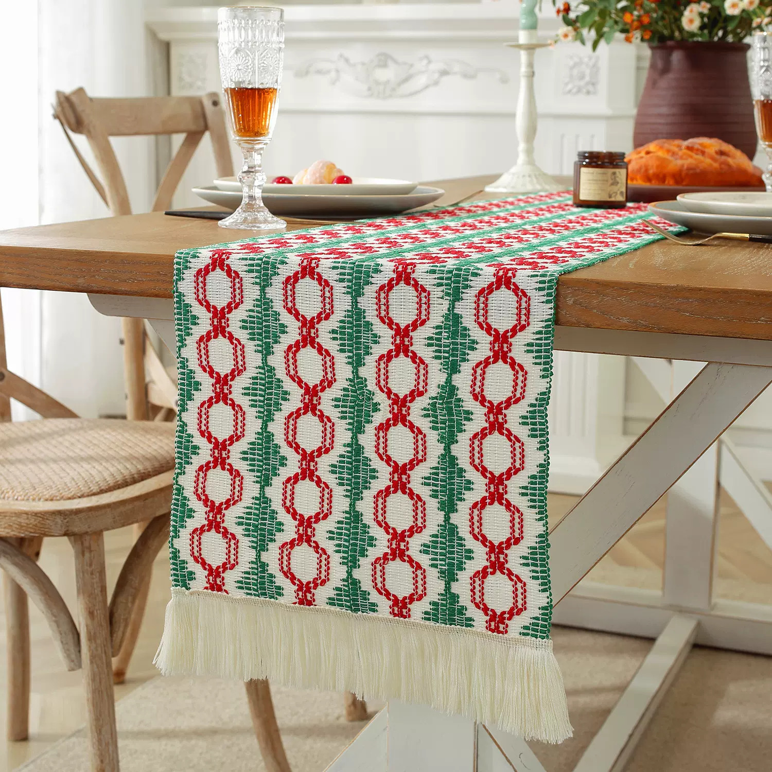 跨境流苏桌旗波西米亚棉麻编织拼色美式聚会节日装饰长条桌巾工厂