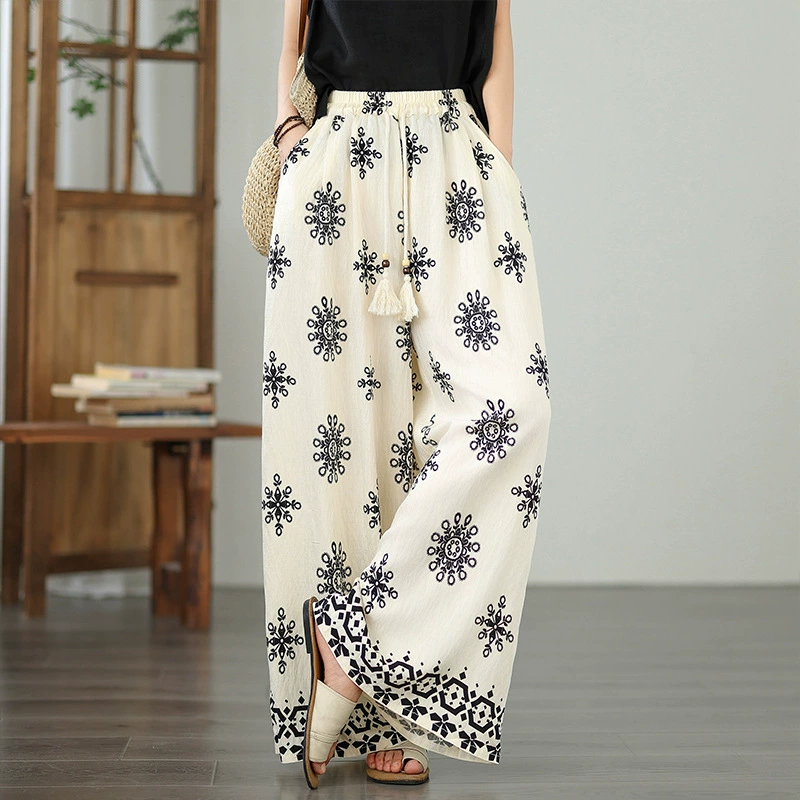 Широкие брюки в этническом стиле с ретро-принтом для женщин, новые летние повседневные брюки в китайском стиле с легкими национальными бусинами и шнурком, крутые прямые брюки