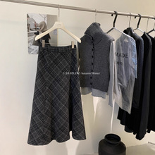 Y.JIA伊嘉 秋冬韩系简约风格纹呢子加厚显瘦高腰直筒半身裙女1339