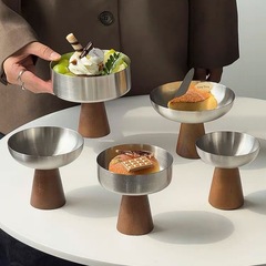ins风不锈钢木脚甜品高脚杯水果碗餐厅蛋糕冰淇淋甜品碗摆件