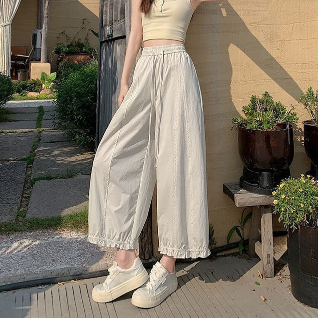 藏青色阔腿裤女夏季薄款冰丝花苞灯笼裤高腰显瘦边九分裤|undefined