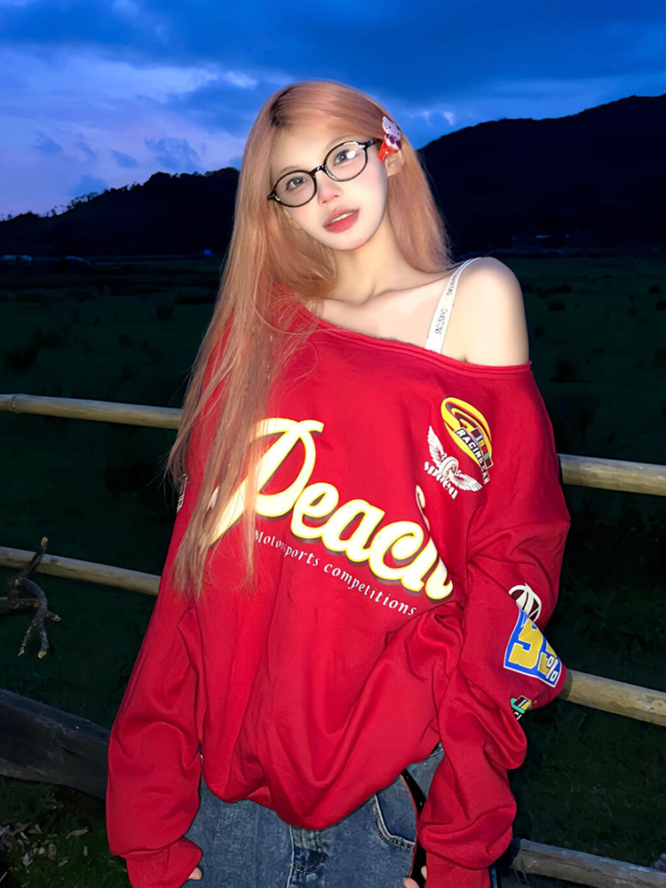 Women's Clothing Women's Red Hot Girl Off-Shoulder Sweatshirt Style Early Autumn Letter Color Block Print One-Shoulder Long Sleeve Loose Top_ecoleips.com