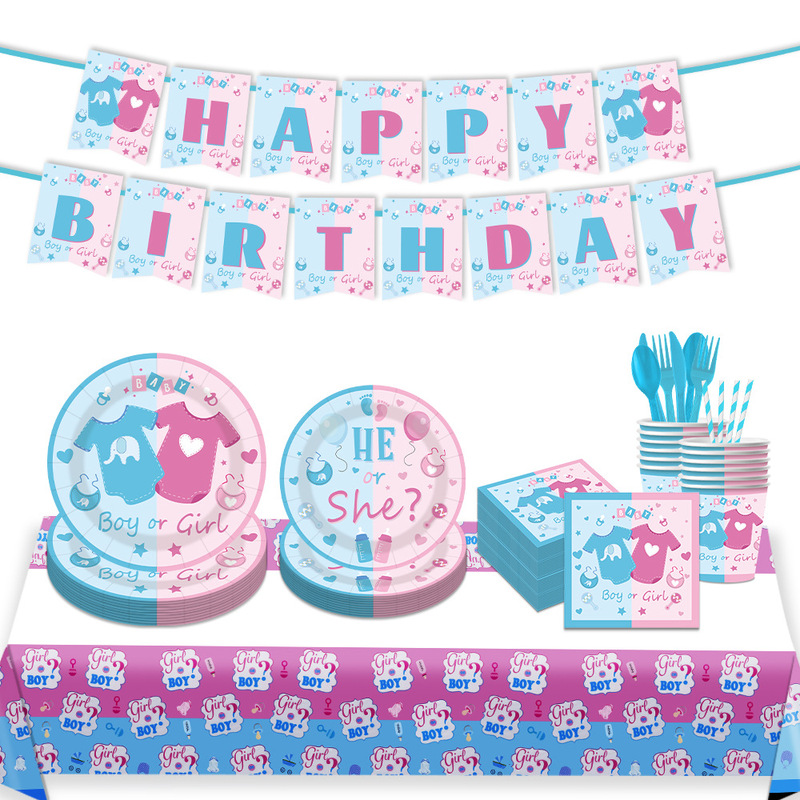 Spot Gender Reveal Theme Party Boy and Girl Tableware Set Paper Cup Tissue Pull Flag Tablecloth Balloon Decoration