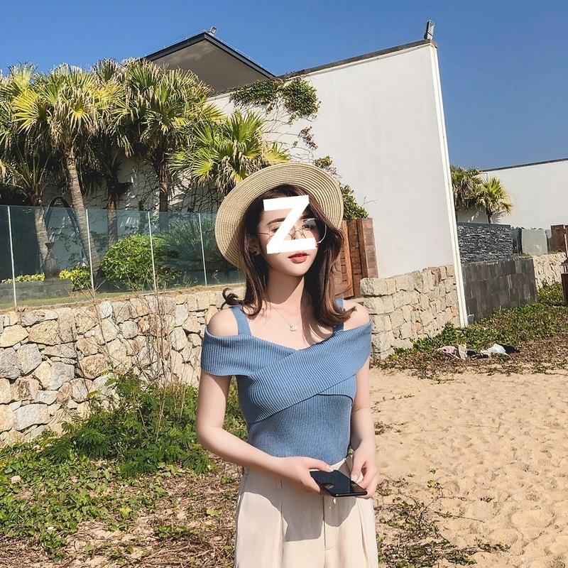韩版港味小心机一字领吊带修身针织交叉短袖学生原宿露肩上衣女夏|undefined