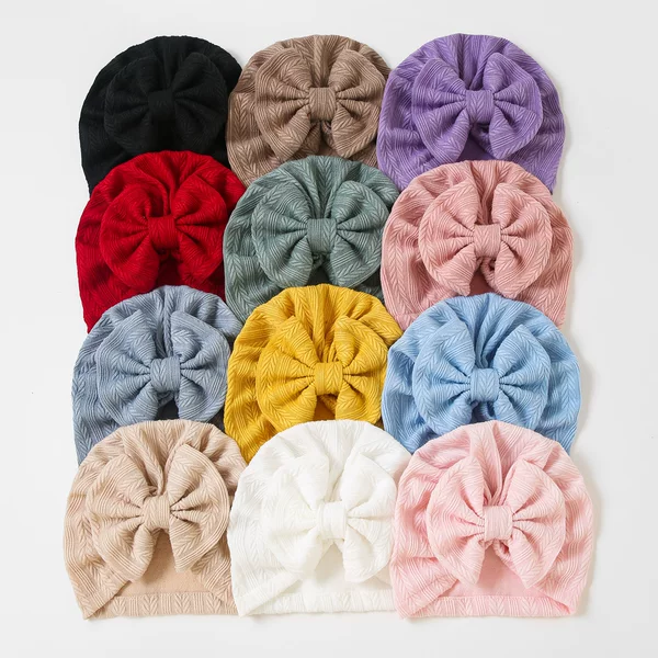 Foreign trade children's headdress wholesale European and American baby fetal cap solid color wheat pattern bow hat baby TUME