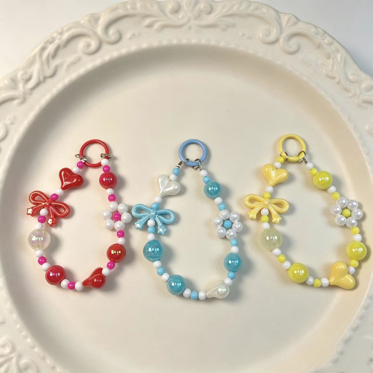 Vintage Bowknot Heart Beaded Phone Strap Pearl Flower Handmade Bead Chain Girl's Bag Key Pendant