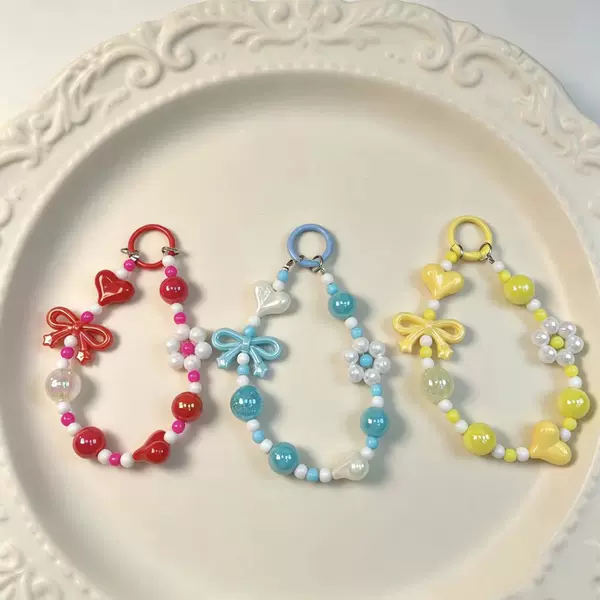 Vintage Bowknot Heart Beaded Phone Strap Pearl Flower Handmade Bead Chain Girl's Bag Key Pendant