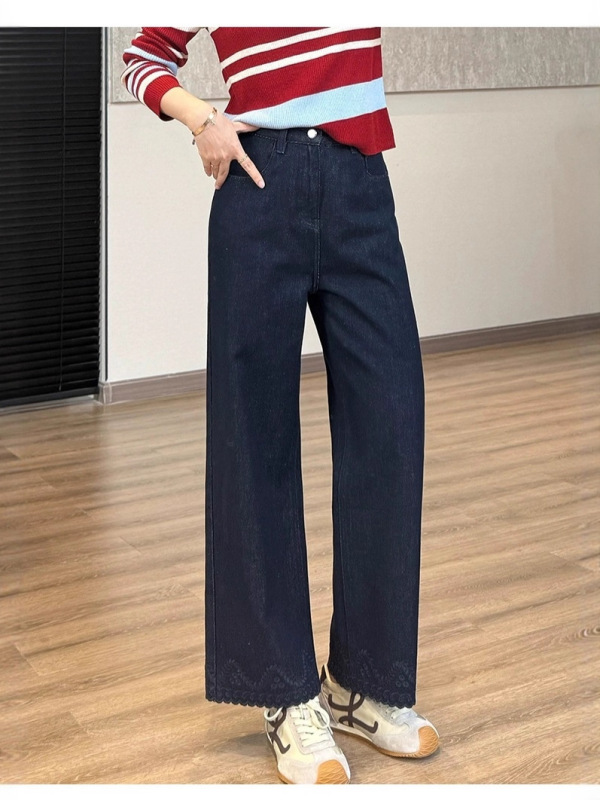 靓小靓 小波浪刺绣【笔杆裤】高级原浆蓝无弹窄直筒裤 锁色牛仔裤|undefined
