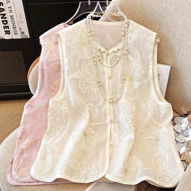 新しい中国風オーガンザ女性のベスト夏薄いベストレトロバックル唐スーツベスト刺繍チョッキ|undefined