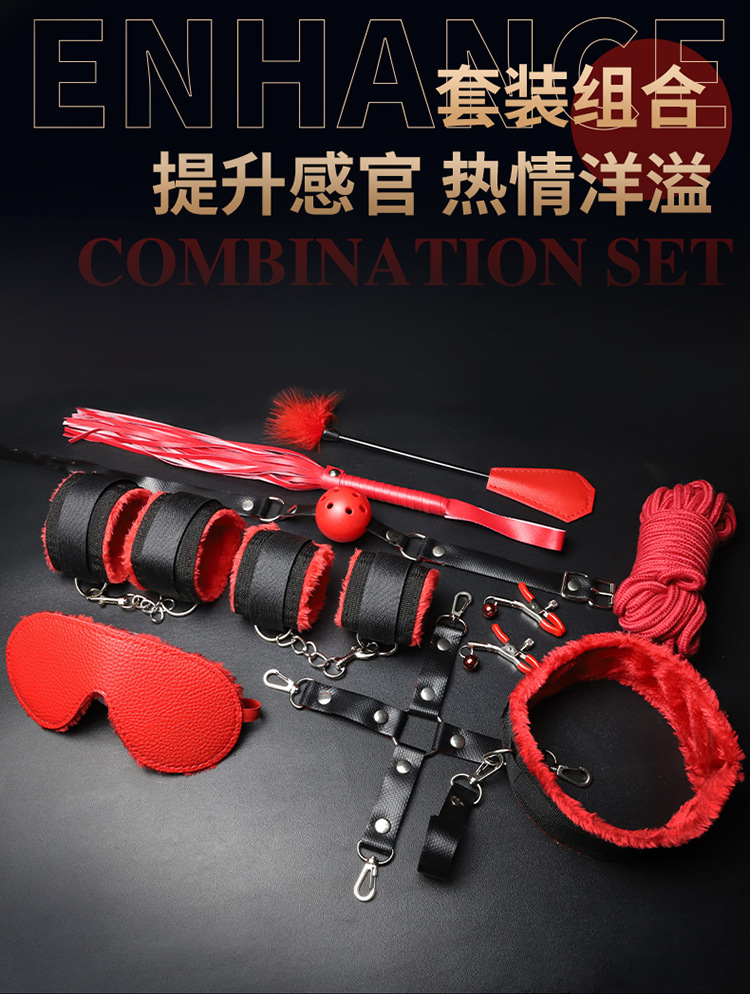 SM Bondage Ten-Piece Set, Black and Red, PU Leather and Plush, Nipple Clamps, Cuffs, Gag — detail image 29
