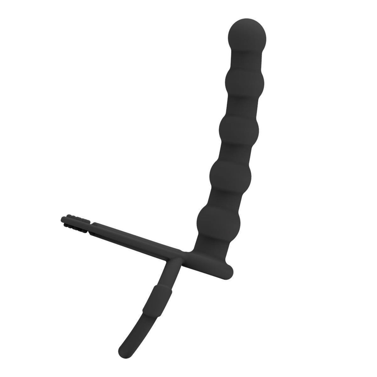 Silicone Anal Plug with Double Ring and Beaded Design, Black Prostate Massager — detail image 6