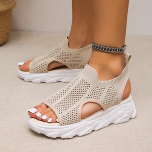Factory spot 2022 spring and summer thick-soled mesh pine cake bottom fashion casual flat hollow fish mouth women's sandals tide