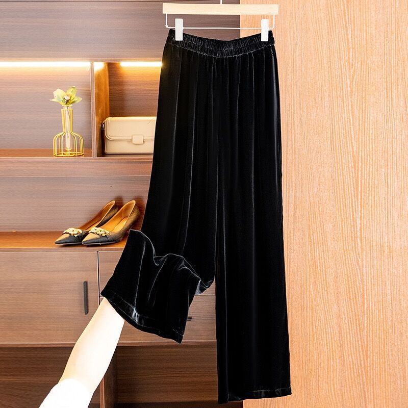 Women's High-grade Silk Pants Colorful Black Silk Velvet Straight Trousers with Loose Waist and Wide Leg Pants