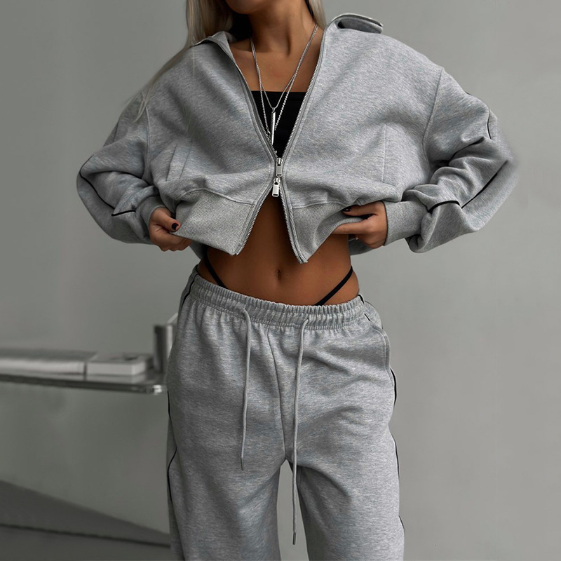 Cross-Border Casual Fashion European And American Style Women's Zipper Cardigan Jacket Sports Drawstring Pants_ecoleips.com