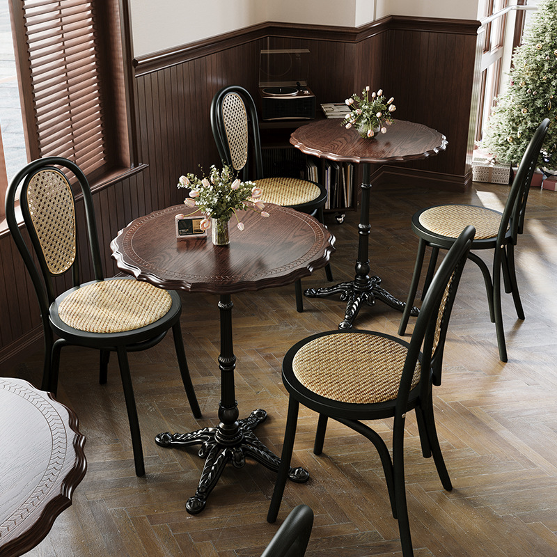 复古西餐厅桌椅组合甜品烘焙店方桌奶茶店美式红橡木桌子商用圆桌