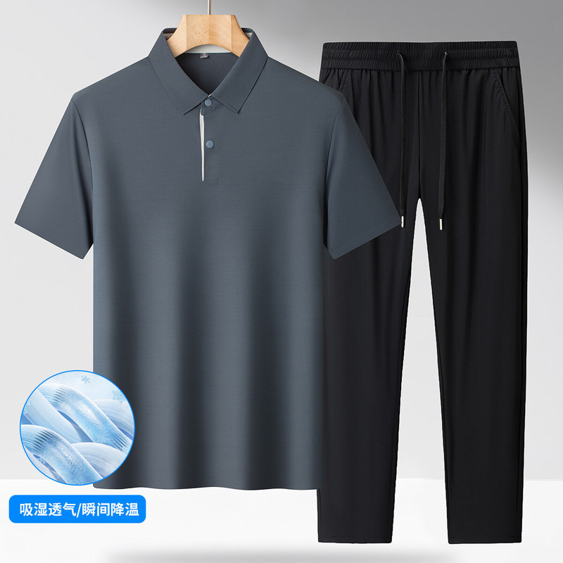 Summer Mulberry Silk Accessible Luxury Dad Wear Father's Day Gift Lapel Short-Sleeved Two-Piece Set Middle-Aged Casual Suit for Men